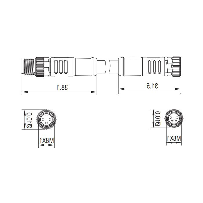 M8 3Pin、母头直型转公头直型、双端预铸PUR柔性电缆、黑色护套、63D101-XXX